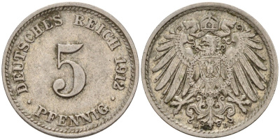 Германия 5 пфеннигов 1912 D KM 11, J. 12 медно-никель 4151-535