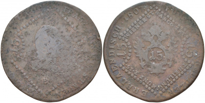 АВСТРИЯ 15 КРЕЙЦЕРОВ 1807 В, ФРАНЦ I (1806-1835) KM 2138 медь 4537-712