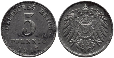 ГЕРМАНИЯ 5 ПФЕННИГОВ 1917 A KM 19, Jager 297, Weege 5 железо 4547-562