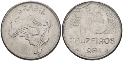 Бразилия 10 крузейро 1984 карта Бразилии KM 592.1 нержавеющая сталь 67-915