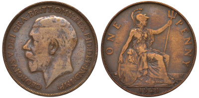 Великобритания 1 пенни 1921 Георг V (1910-1936) KM 810, Spink 4051 бронза 4131-411