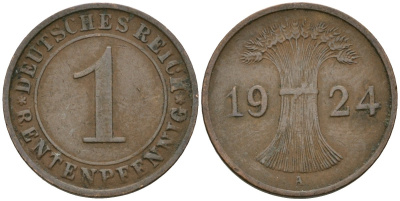 Германия 1 рентенпфенниг 1924 A KM 30, J. 306 бронза 4608-315