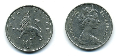 Великобритания 10 пенсов 1974 Елизавета II (1952-2022) KM 912, Spink 4231 (F1) медно-никель  4110-1332