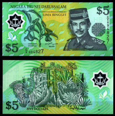 Бруней 5 малайзийских ринггитов 2002 Хассанал Болкиах — султан Брунея, тропический лес Pick 23 b полимер UNC (пресс) 2197-33-2-2