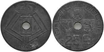 Бельгия 25 сантимов 1943 BELGIQUE-BELGIE KM 131 цинк 4171-654