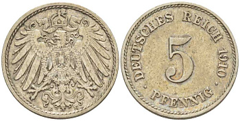Германия 5 пфеннигов 1910 E KM 11, J. 12, Weege 6 медно-никель 206-959