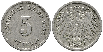 ГЕРМАНИЯ 5 ПФЕННИГОВ 1898 G KM 11, J. 12 медно-никель 39-733