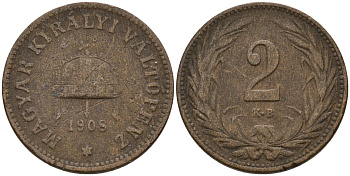 Венгрия 2 филлера 1908 KB, Франц Иосиф I (1848-1916) KM 481 бронза 4151-943