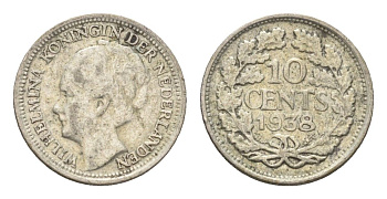 Нидерланды 10 центов 1938 Вильгельмина I (1890-1948) KM 163 серебро 4659-1161