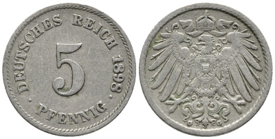 ГЕРМАНИЯ 5 ПФЕННИГОВ 1898 G KM 11, J. 12 медно-никель 39-733