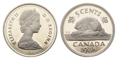 Канада 5 центов 1985 Елизавета II (1952-2022), бобр KM 60.2a никель PROOF 413-3242