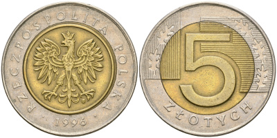 Польша 5 злотых 1996 MW KM 284 биметалл 4364-2727