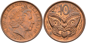 Новая Зеландия 10 центов 2011 маска Маори, Елизавета II (1952-) KM 117а сталь плакированная медью 4391-941