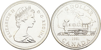 Канада 1 доллар 1981 Трансконтинентальная железная дорога, паровоз KM 130 серебро  UNC  1522-1021