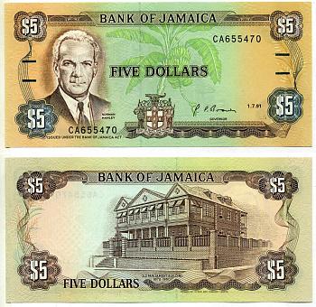 Ямайка 5 долларов 1991 1 июля 1991, НОРМАН МЭНЛИ Pick 70d бумага UNC (пресс) 6299-25-2-2