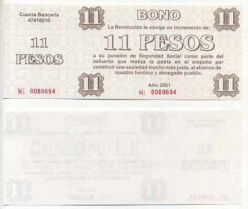 Куба талон на 11 песо 2001 увеличение фонда социальной защиты для пенсионеров и ветеранов революции, с корешком   бумага  UNC (пресс) 00-00