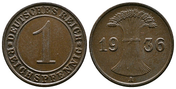 Германия 1 рейхспфенниг 1936 A KM 37, J. 313 бронза 220-141