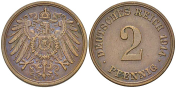 ГЕРМАНИЯ 2 ПФЕННИГА 1914 E KM 16, J. 11, Weege 4 медь 206-645
