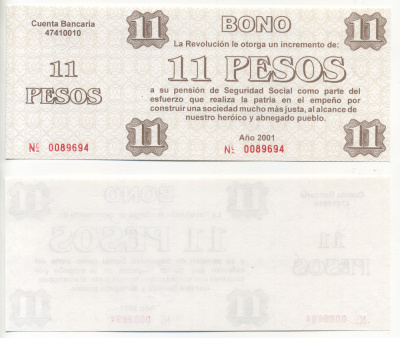 Куба талон на 11 песо 2001 увеличение фонда социальной защиты для пенсионеров и ветеранов революции, с корешком   бумага  UNC (пресс) 00-00