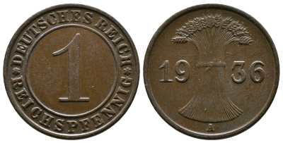 Германия 1 рейхспфенниг 1936 A KM 37, J. 313 бронза 220-141