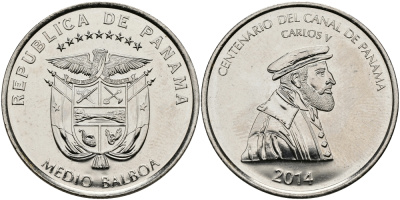 Панама 1/2 бальбоа 2014 100 лет окончания строительства Панамского канала, Карл V KM 145 медь плакированная медно-никелем UNC M45-08