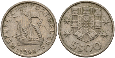 Португалия 5 эскудо 1980 KM 591 медно-никель 4156-546