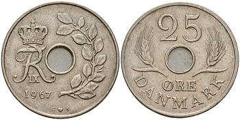 Дания 25 эре 1967 C;S, Фредерик IX (1947-1972) KM 855 медно-никель 4187-1152