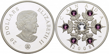 Канада 20 долларов 2008 Снежинка, Сваровски, аметисты KM 811 серебро PROOF 01-147-12