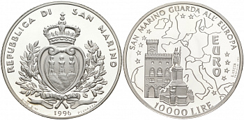 Сан-Марино 10000 лир 1996 Европарламент и карта KM 342 серебро PROOF 02-227-24