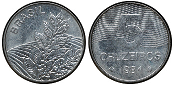 БРАЗИЛИЯ 5 КРУЗЕЙРО 1984 КОФЕ KM 591 сталь aUNC 72-943