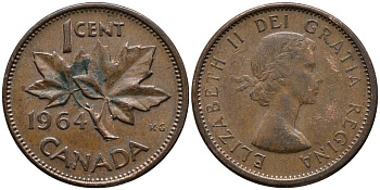 Канада 1 цент 1964 Елизавета II (1952-2022), кленовый лист KM 49 бронза 4549-358