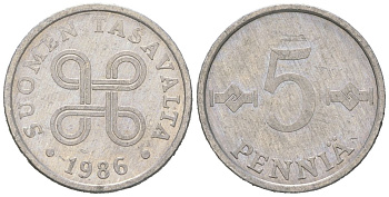 Финляндия 5 пенни 1986 KM 45a алюминий 4618-762
