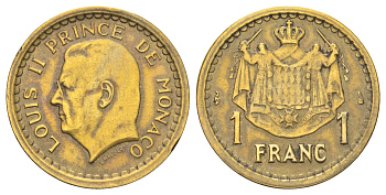 Монако 1 франк 1945 Луи II (1922-1949), год-тип KM 120a алюминиевая бронза 4642-155