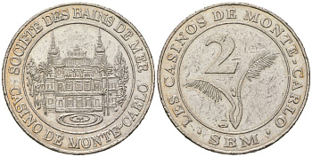 Казино Монте-Карло в Монако 2 франка ND (2001-2002) вес 10,8 гр, диаметр 26,5 мм никель 92-141