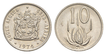 ЮАР 10 центов 1974 герб, цветок алоэ KM 85 никель UNC 4621-838