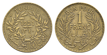 Тунис 1 франк 1921 KM 247 алюминиевая бронза 4179-527