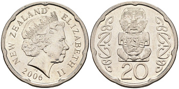 Новая Зеландия 20 центов 2006 Елизавета II (1952-2022), идол Пукаки KM 118а никелированная сталь 4579-1124