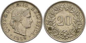 Швейцария 20 раппенов 1959 B KM 29a медно-никель 4187-544