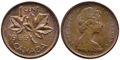 Канада 1 цент 1965 Елизавета II (1952-2022), кленовый лист KM 59.1 бронза 39-1239