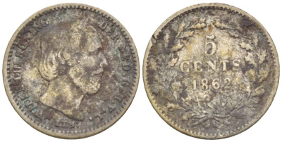 Нидерланды 5 центов 1862 Виллем III (1849-1890), С ТОЧКОЙ ПОСЛЕ ДАТЫ KM 91 серебро 4532-1149