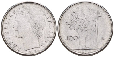 ИТАЛИЯ 100 ЛИР 1990 R, АФИНА У ОЛИВКОВОГО ДЕРЕВА, ДИАМЕТР 18 ММ. KM 96.2 нержавеющая сталь 4551-436