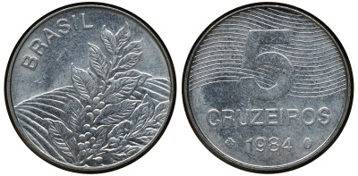 БРАЗИЛИЯ 5 КРУЗЕЙРО 1984 КОФЕ KM 591 сталь aUNC 72-943