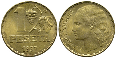 ИСПАНИЯ 1 ПЕСЕТА 1937 ВТОРАЯ РЕСПУБЛИКА (1931-1939) KM 755 латунь 3334-433