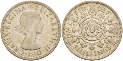 Великобритания 2 шиллинга (флорин) 1956 Елизавета II (1952-2022) KM 906, Spink 4146 медно-никель 4403-711