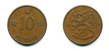 Финляндия 10 пенни 1926 республика (1918-1962) KM 24 медь 46-1541