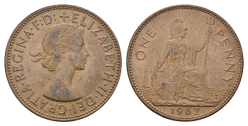 Великобритания 1 пенни 1967 Елизавета II (1952-2022) KM 897, Spink 4157 бронза 4661-1026