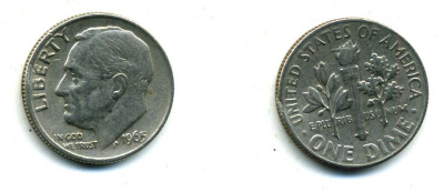 США 10 ЦЕНТОВ = 1 ДАЙМ 1965 РУЗВЕЛЬТ KM 195а медь плакированная медно-никелем 46-2339