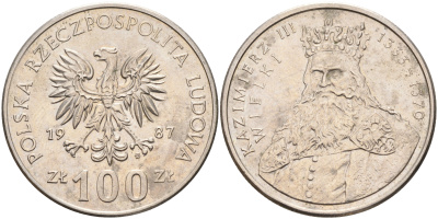 Польша 100 злотых 1987 MW, серия Польские короли, король Казимир III Великий (1333-1370) KM 167 медно-никель 63-837
