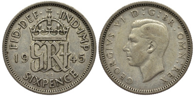 Великобритания 6 пенсов 1945 Георг VI (1936-1952) KM 852, Spink 4084 серебро 4538-557