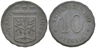 Хаген 10 пфеннигов 1917 Funck 184.1A, Men05 10124.1, Men18 12615.1 цинк 116-562